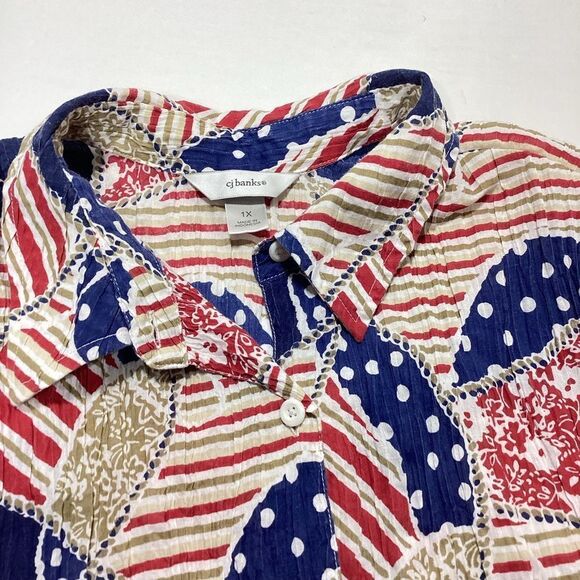 CJ Banks Colorful Patterned Blouse Crinkled Button Front Collar 1X Mid Sleeve - Picture 2 of 14